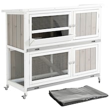 PawHut Two-Tier Wooden Rabbit Hutch, with Wheels, Trough, Rain Cover, Tray