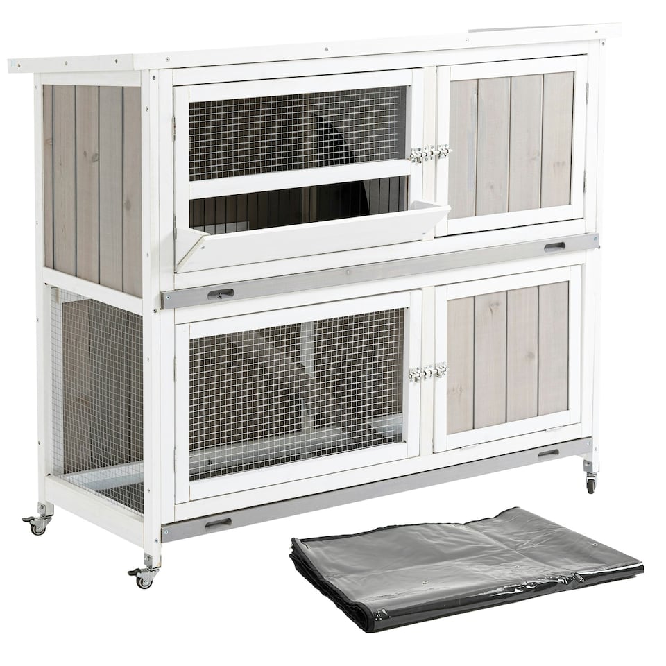 image 1 of PawHut Two-Tier Wooden Rabbit Hutch, with Wheels, Trough, Rain Cover, Tray