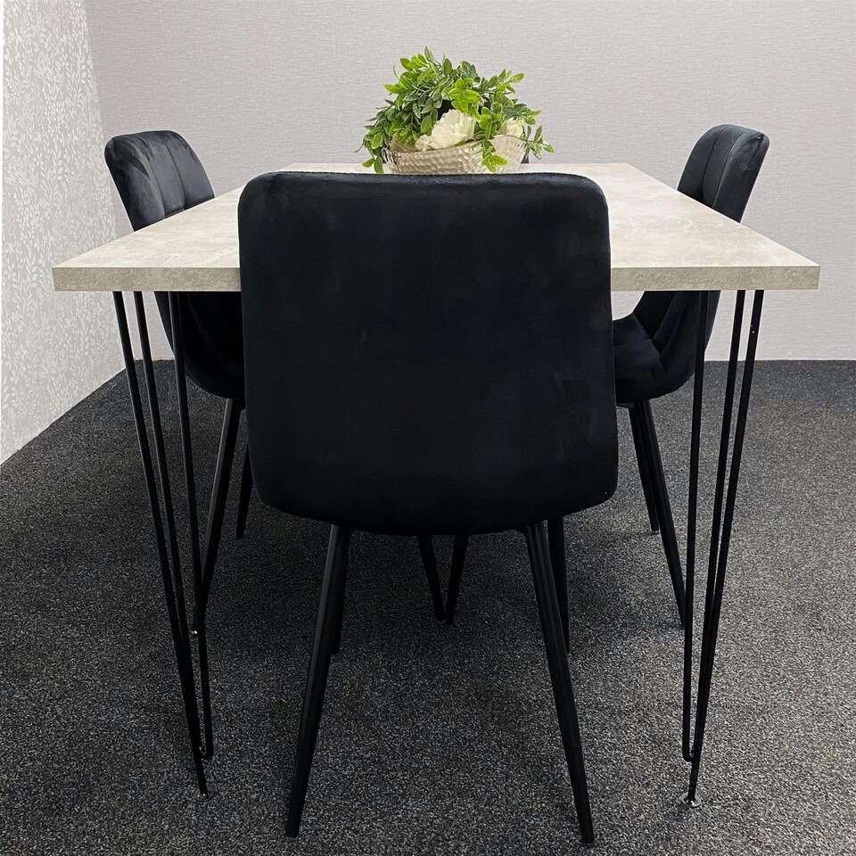 image 1 of Grey Dining Table with Hairpin Legs & 4 Black Velvet Chairs Set for Kitchen & Dining Room Grey