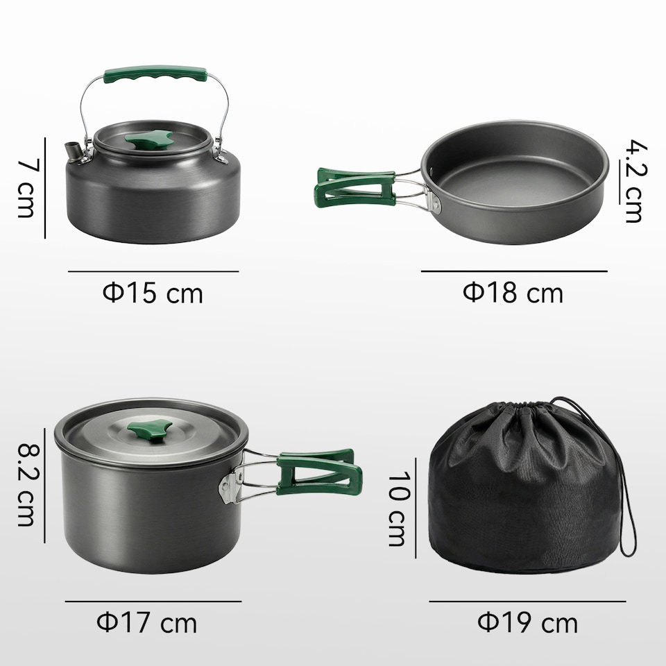 image 1 of Outsunny Camping Cookware Set for 2-3 People, Camping Cooking Kit, Grey | Grey | Grey, Army Green | Φ19 x 10 cm