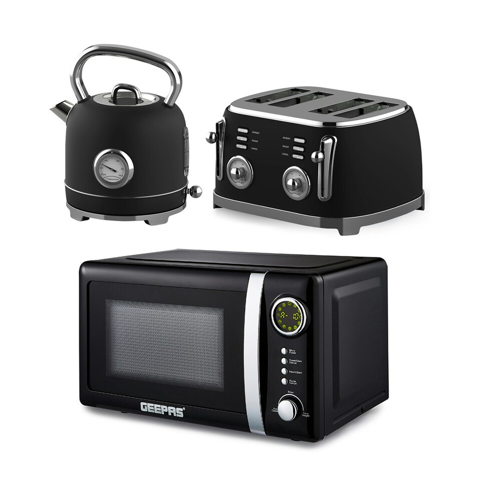 GEEPAS 1.8L Electric Kettle, 4 Slice Bread Toaster | Black Retrovive