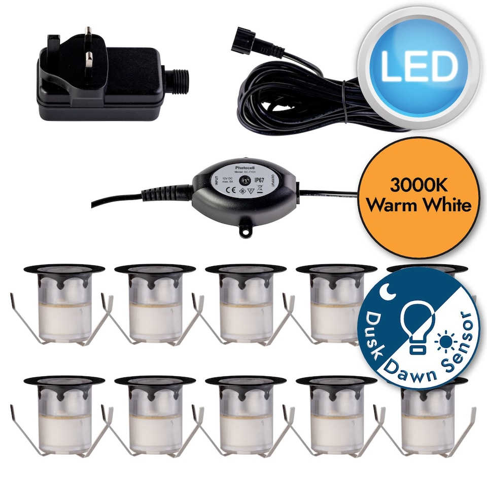 image 1 of Set of 10 - 30mm Black IP67 Warm White LED Decking Kit Photocell | Black | Clear | 10