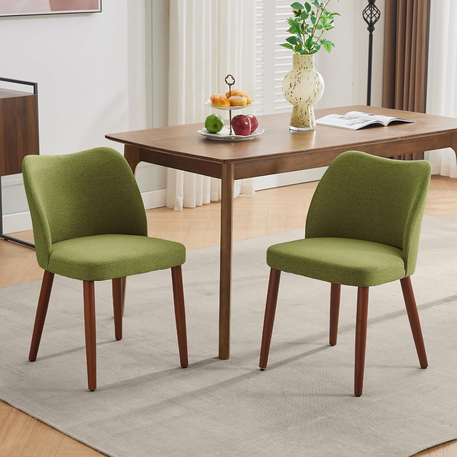 London Boutique Set of 2 Modern Linen Padded Dining Chairs with Leveling Feet - Green