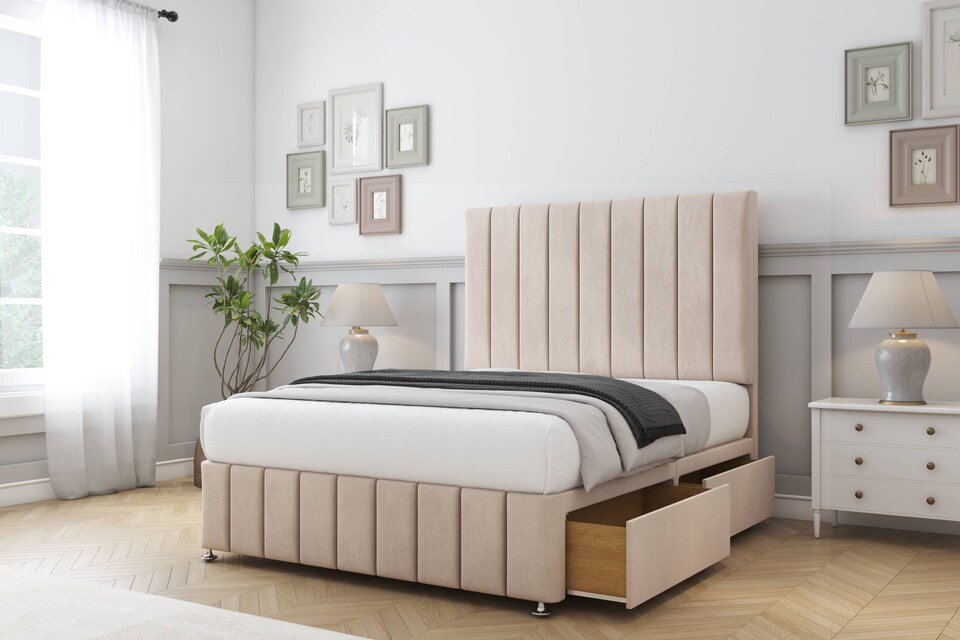 image 1 of Sloomy California Sand Naples Divan Bed Base 2 Drawers Left Side With 26 Inch Strutted Headboard & 12 Inch Matching Footboard | Cream | Sand | Small Single | 1