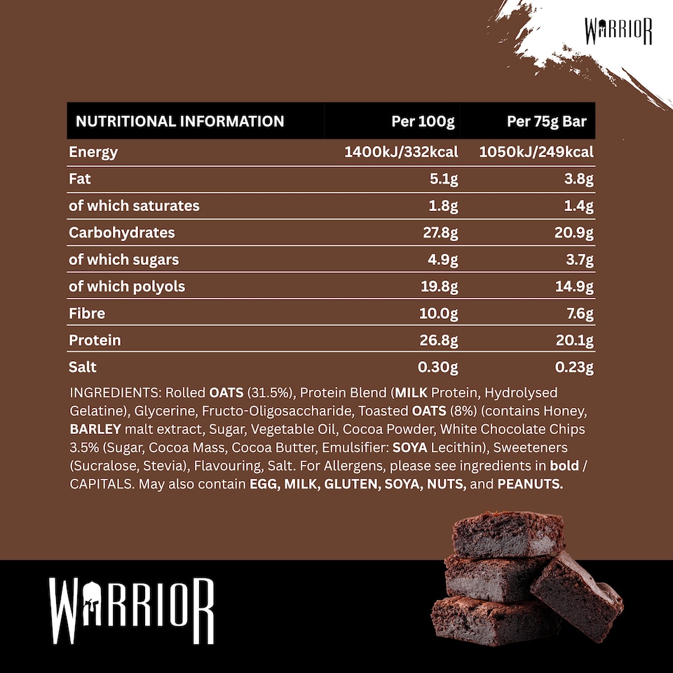image 1 of Warrior RAW Protein Bars 12 x 75g – 20g High Protein Bar, Low Sugar High Fibre Oat Protein Flapjack – Protein Snacks, Meal Replacement Bars (Chocolate Brownie)