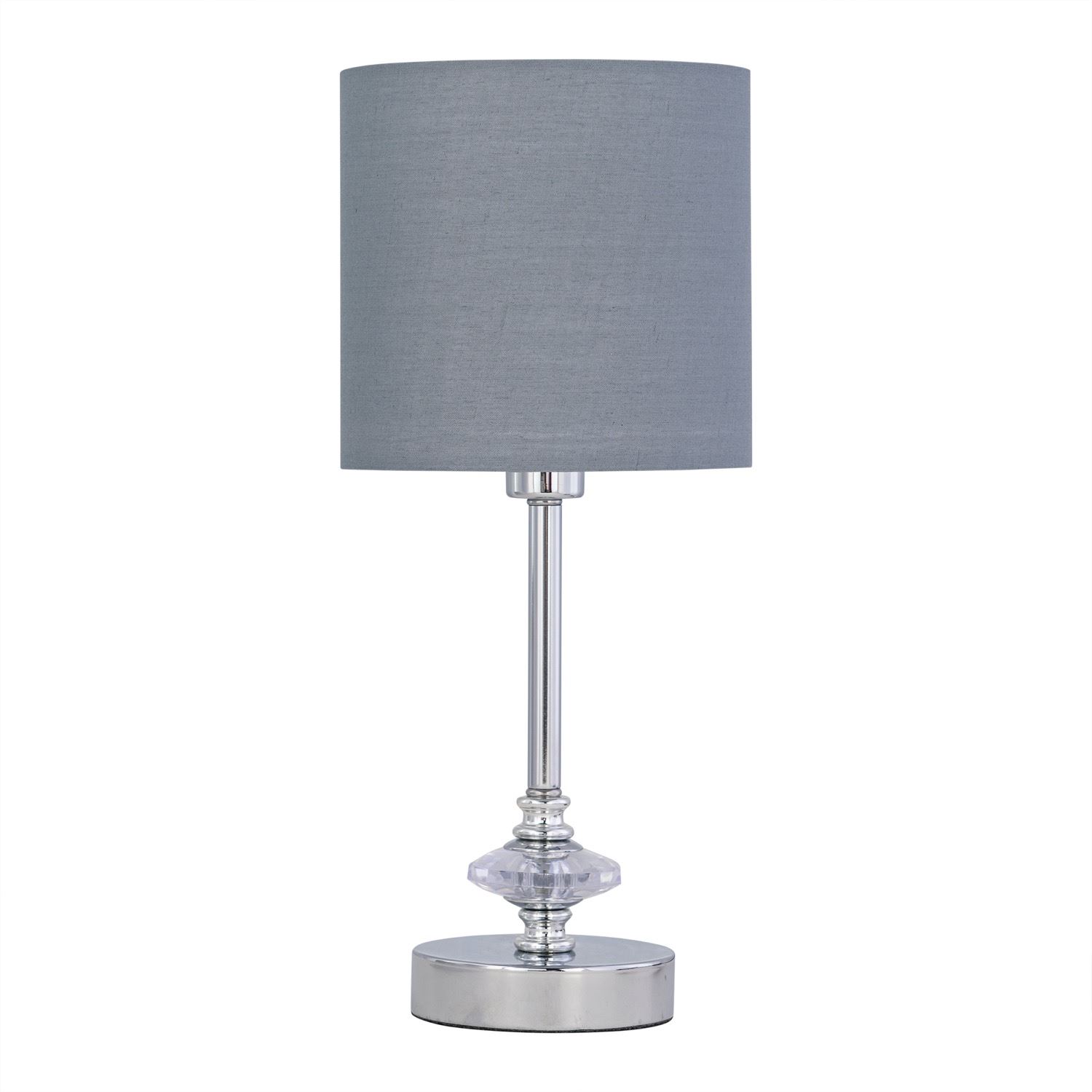 First Choice Lighting Chrome Jewelled Table Lamp with Grey Cotton Shade in Silver