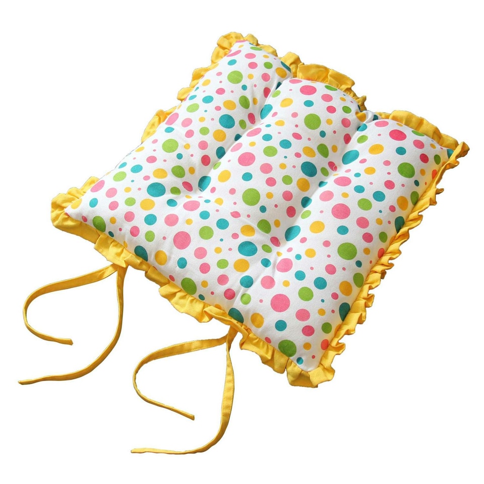 image 1 of Homescapes Reversible Yellow Frilled Cushion Seat Pad with Ties Polka Dots Multi - 40 x 40 cm