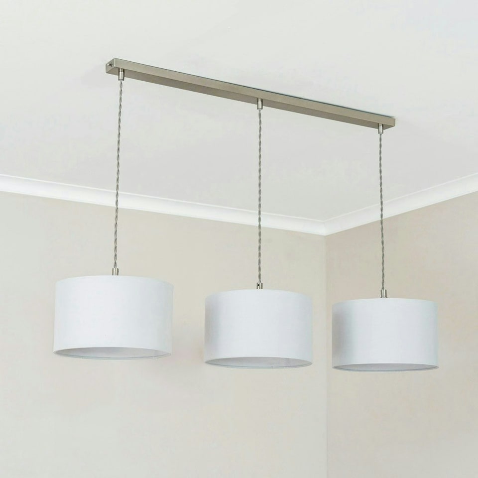 image 1 of ValueLights Reni Grey Drum Shade 3 Drop Bar Brushed Chrome Diner Ceiling Pendant Light Silver