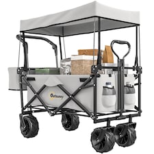 Outsunny 120L Festival Trolley on Wheels, Folding Camping Trolley Cart with Removable Canopy, AllTerrain Wheels, Adjustable Handle, Push or Pull for Garden Beach Fishing Shopping, Grey