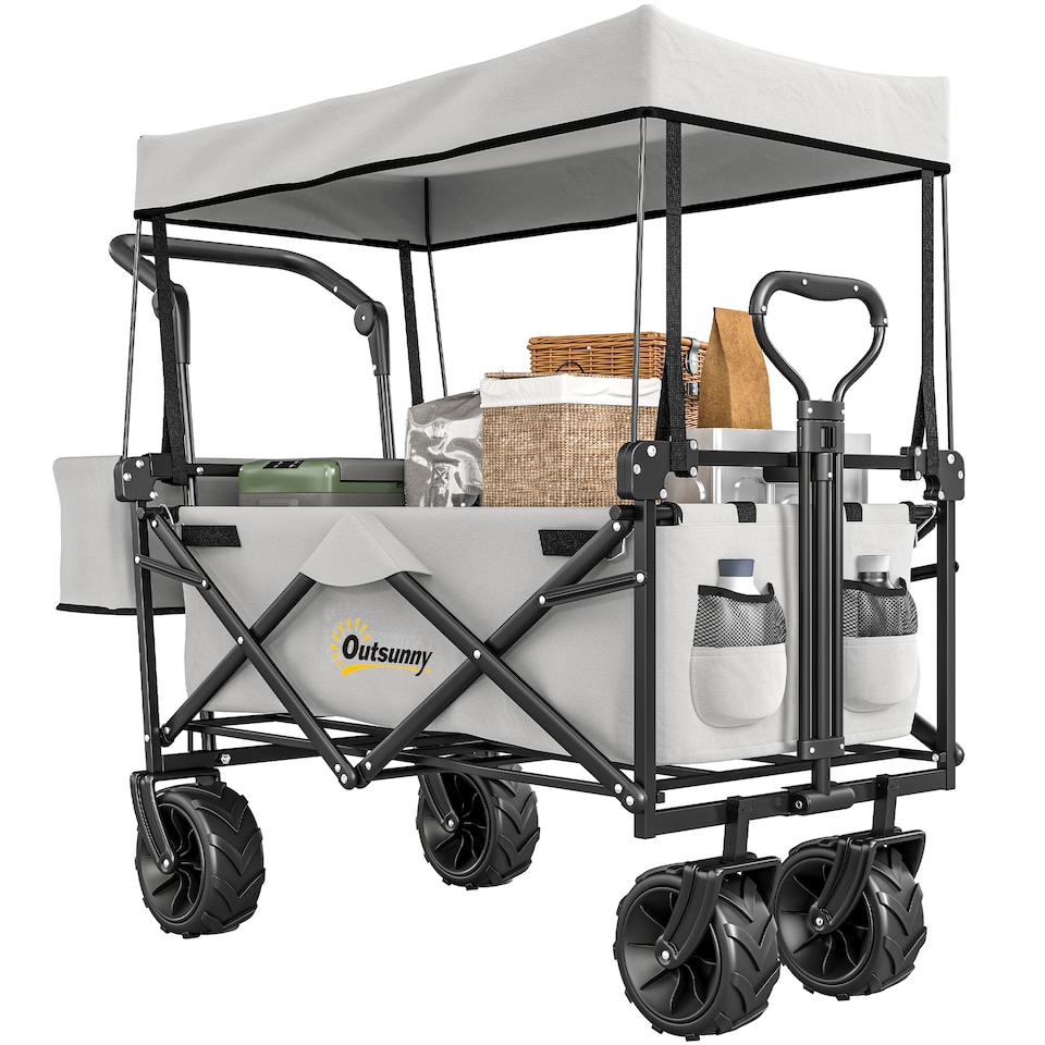image 1 of Outsunny 120L Festival Trolley on Wheels, Folding Camping Trolley Cart with Removable Canopy, AllTerrain Wheels, Adjustable Handle, Push or Pull for Garden Beach Fishing Shopping, Grey