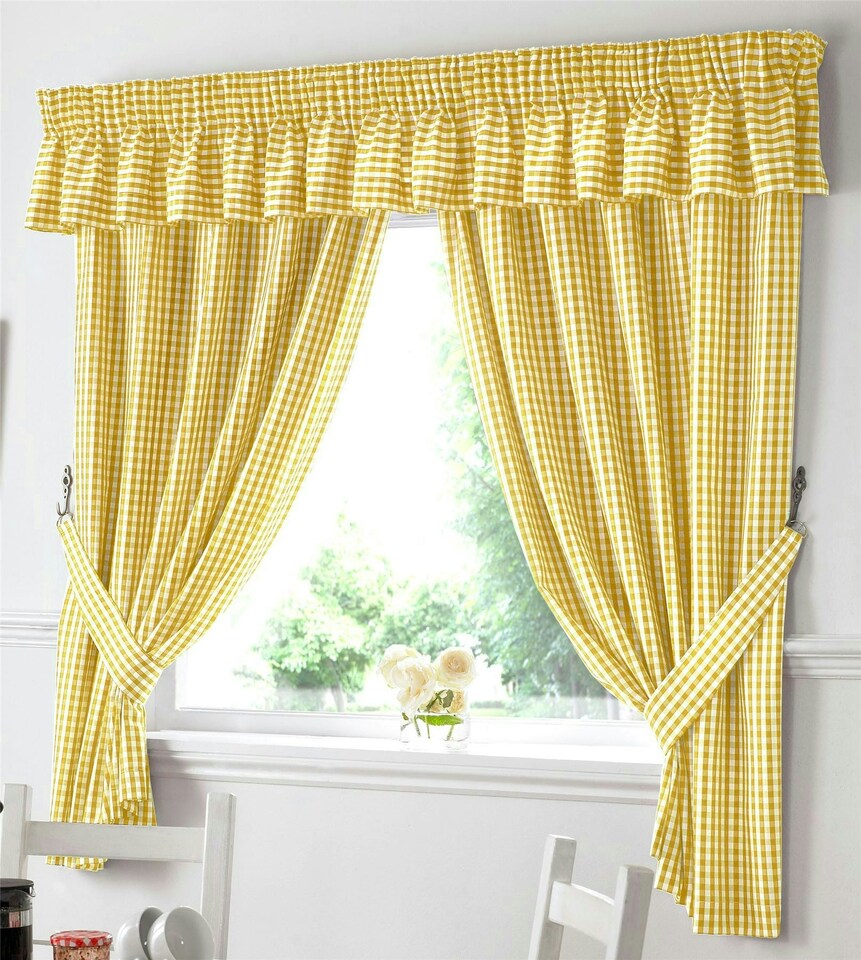image 1 of Gingham Kitchen Curtains - Yellow - 117cm x137cm
