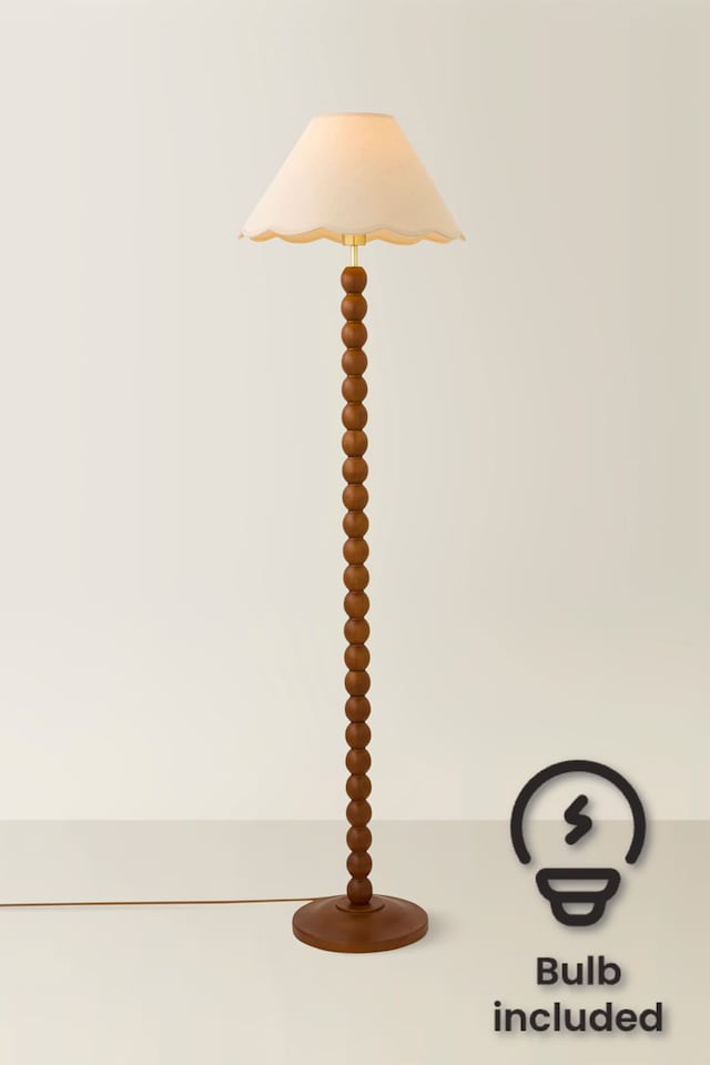 image 1 of ValueLights Bobble Walnut Floor Lamp Natural Trim Scallop Shade & Bulb | Brown
