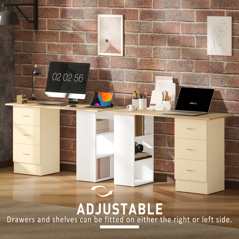 image 1 of HOMCOM Computer Desk, Writing Table, PC Workstation with 3 Storage Shelves and Drawers, Silver Handle, for Home Office, Natural Wood Finish and White | Brown