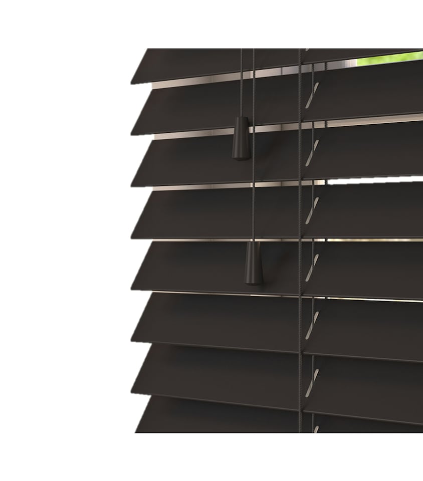 image 1 of 160cm Onyx Smooth Finish Faux Wood Venetian Blinds with Strings  (120cm Drop) | Black | Black