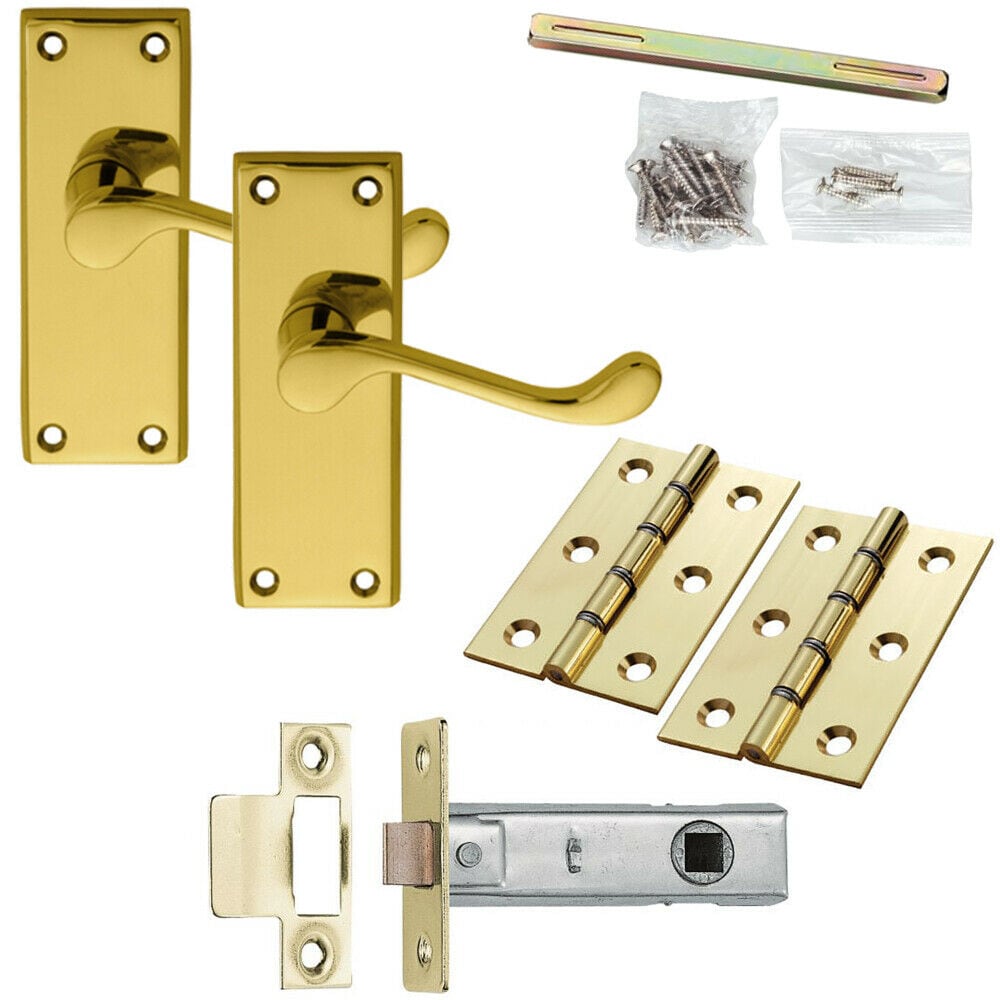 Loops Door Handle & Latch Pack Brass Victorian Scroll Bar Curved Short Backplate in Metallics