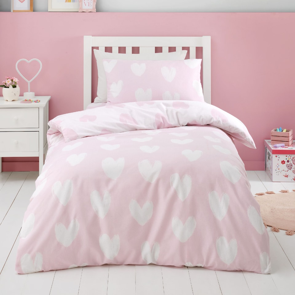 image 1 of Brushed Cotton Hearts Reversible Duvet Cover Set | Pink | Double