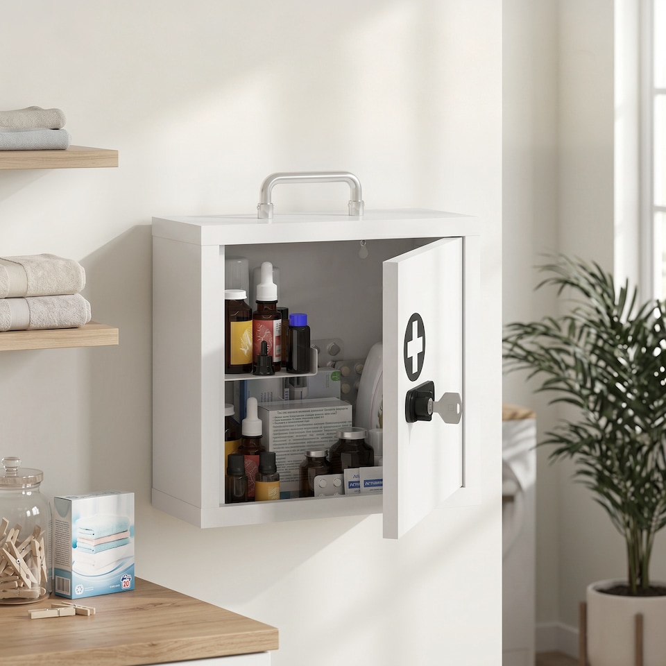 image 1 of HOMCOM Medicine Cabinet, Medical Cabinet w/ Combination and Key Lock, White