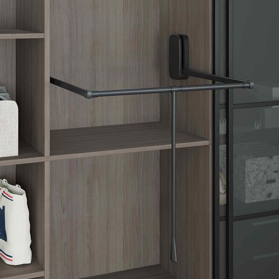 image 1 of FittingsCo, PullDown Wardrobe Rail, Extends 600 to 850mm Width, Soft Close, 15kg Capacity, Anthracite