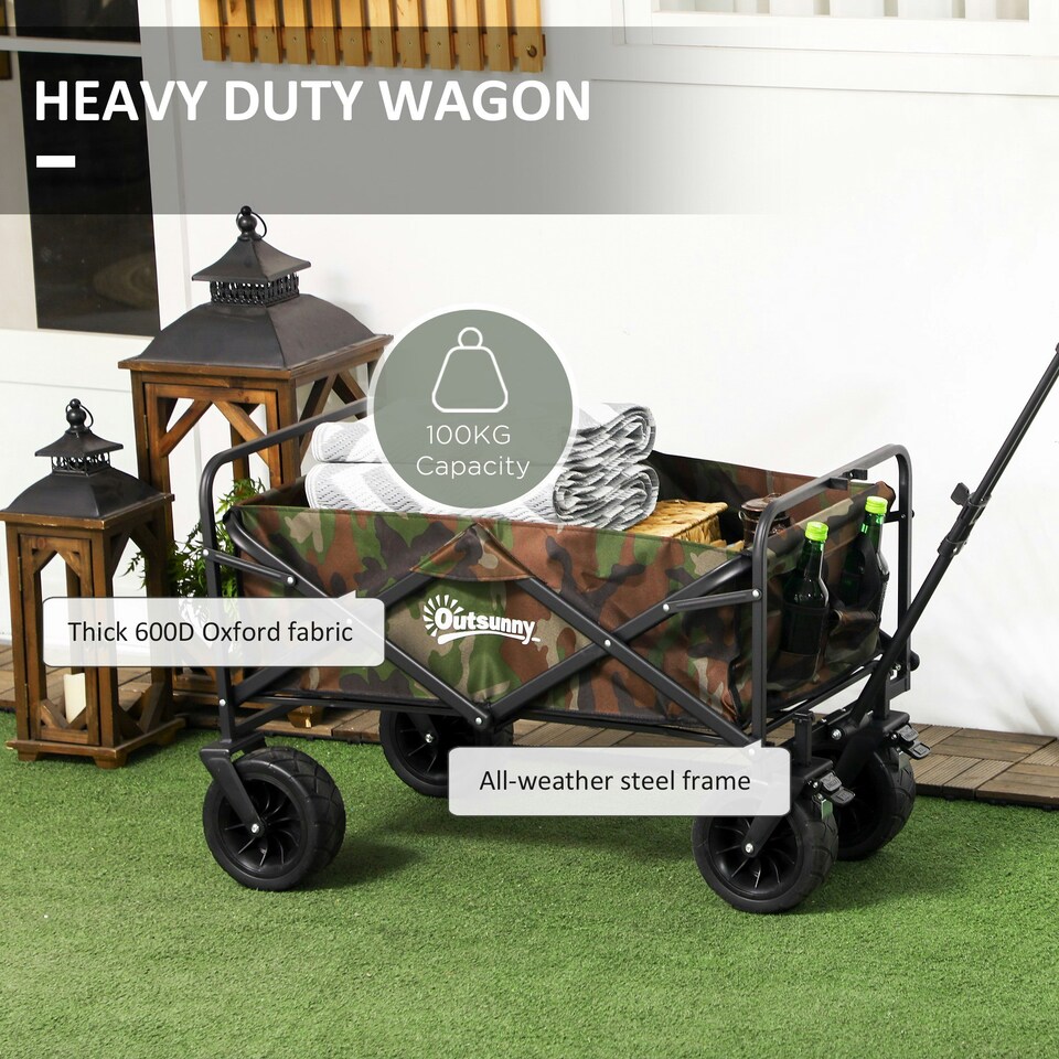 image 1 of Outsunny Foldable Garden Cart, Outdoor Utility Wagon with Carry Bag, Camouflage