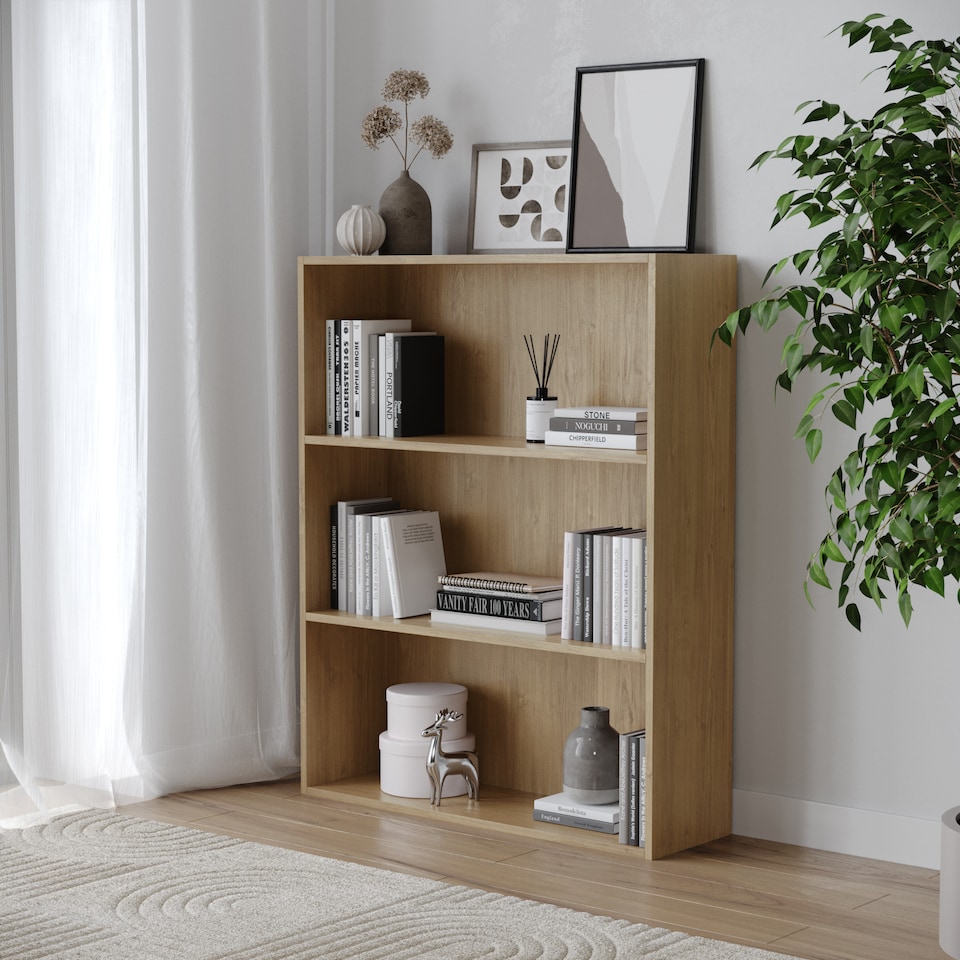 image 1 of Wide 3 Shelf Tier Wooden Bookcase Cabinet Storage Shelving Display Shelves Unit | Multi | Oak | 1