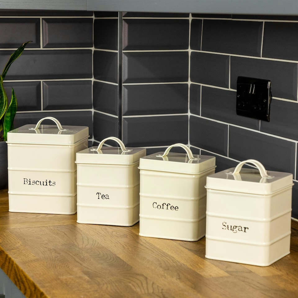image 1 of Harbour Housewares 4 Piece Cream Vintage Metal Kitchen Canisters Set Utility Storage Utility Containers Storage Box Storage Container