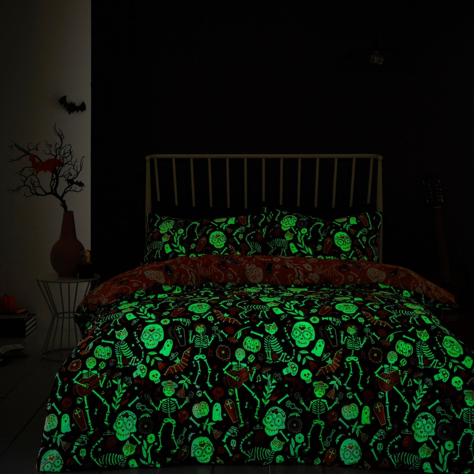 image 1 of Bedlam Halloween Day of the Dead Duvet Cover Set Black/Orange