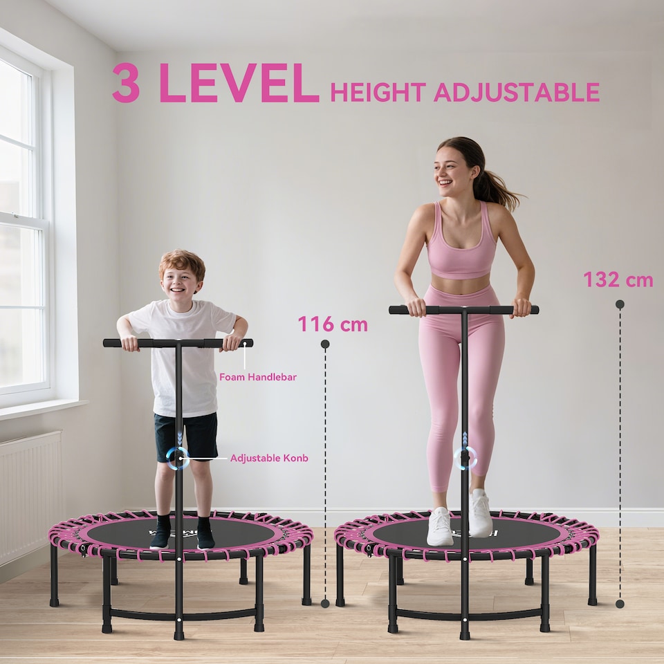 image 1 of HOMCOM 45" Fitness Trampoline Outdoor Bouncer Jumper Adjustable Handle, Pink