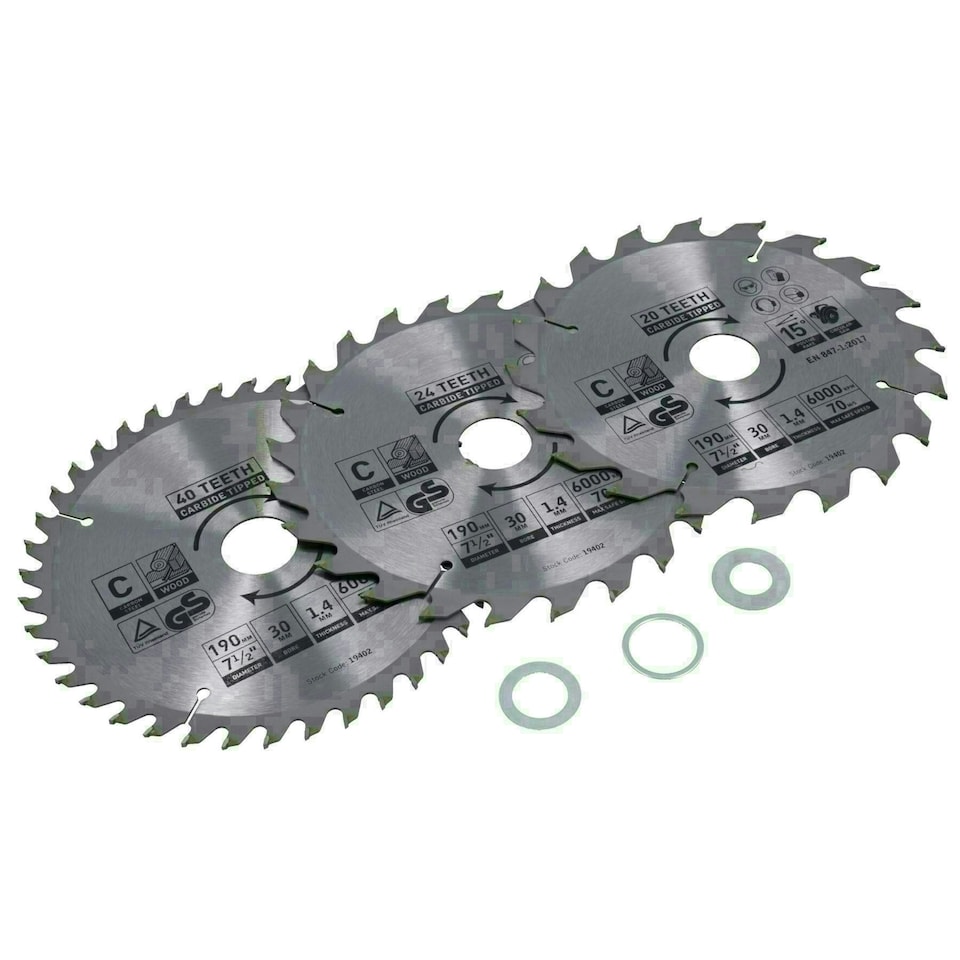 image 1 of Circular Saw Blade 190mm x 30mm 20 24 40 teeth TCT Cutting Disc Wood 3pc