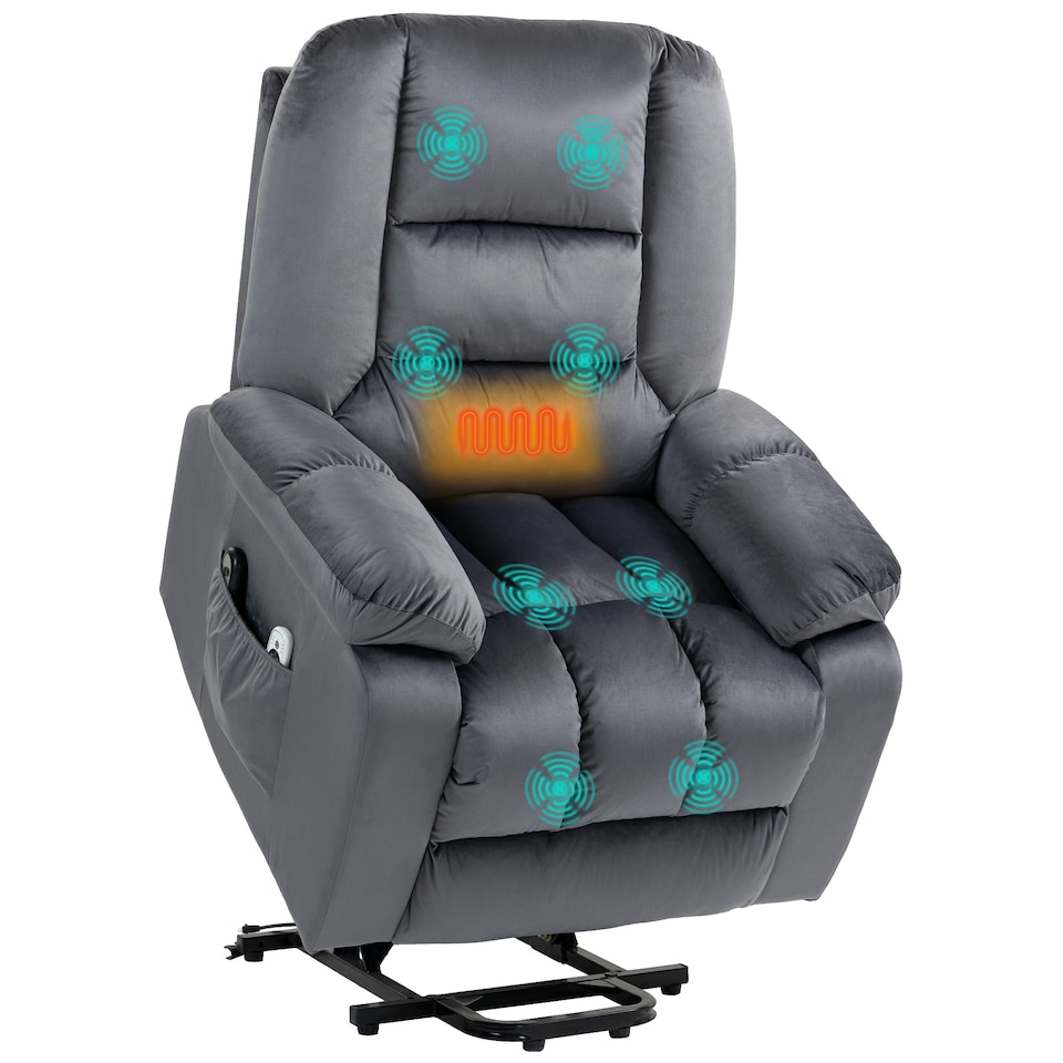 image 1 of HOMCOM Velvet Riser and Recliner Chair for the Elderly, Quick Assembly, Fabric Overstuffed Lift Chair with Vibration Massage and Heat, Remote Control, Side Pockets, Grey