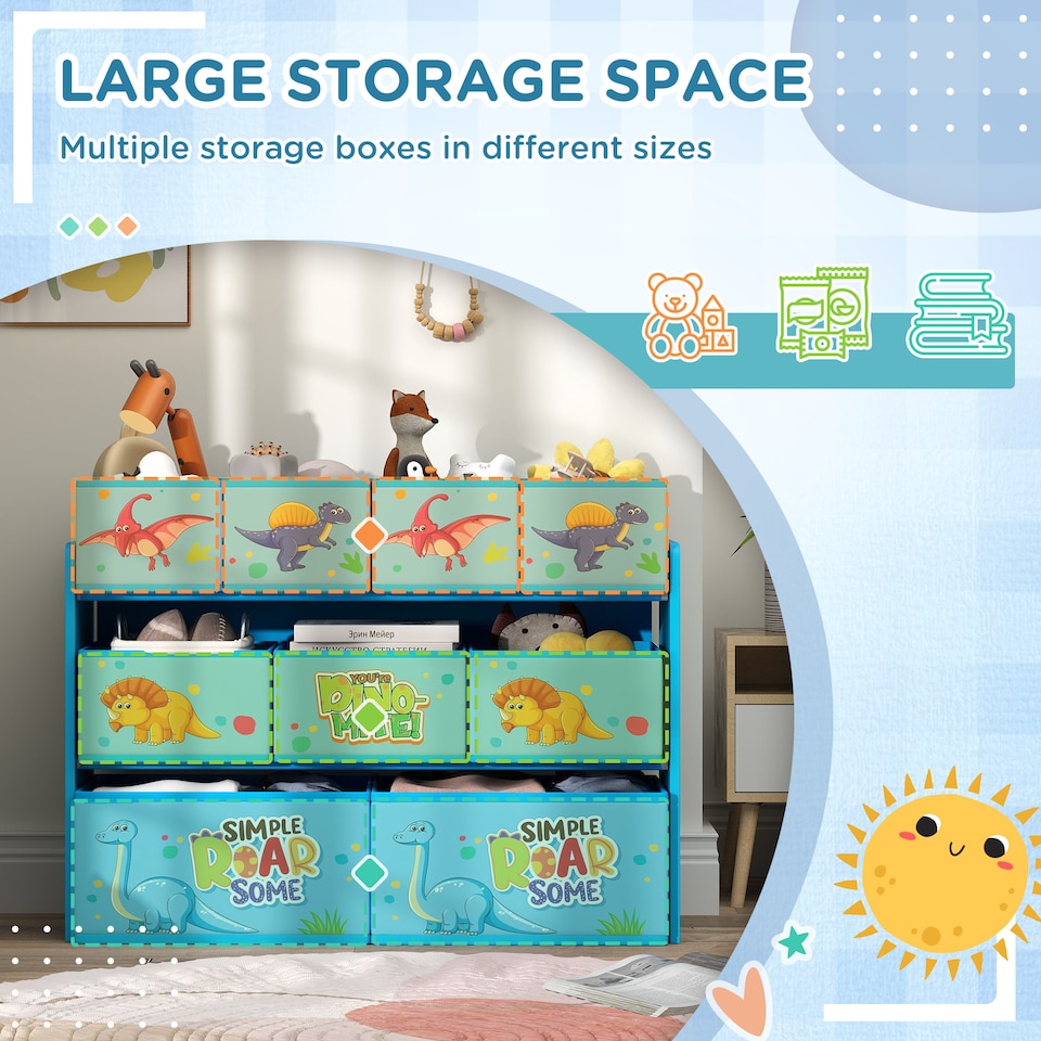 image 1 of AIYAPLAY 3-Tier Toy Organiser Shelf with 9 Storage Boxes for Bedroom, Blue