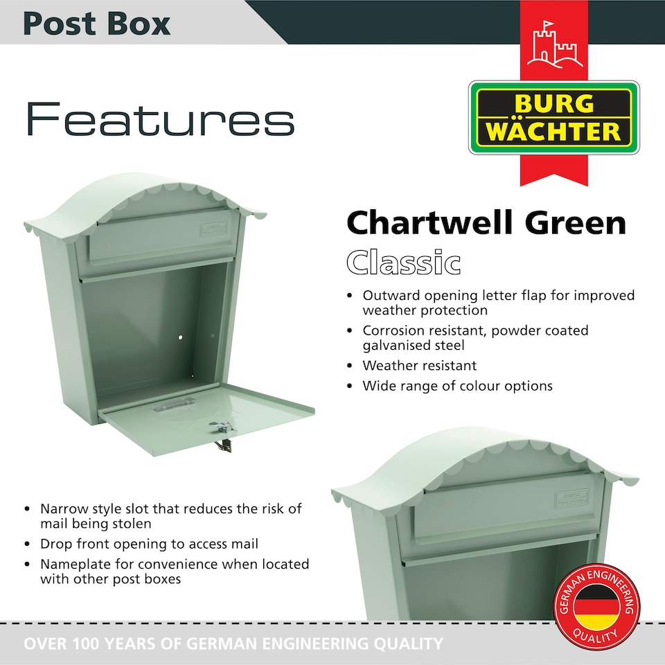 image 1 of Burg-Wachter Classic Wall Mounted Galvanised Steel Lockable Weatherproof Post Box - 36x37x13cm Green | Chartwell Green