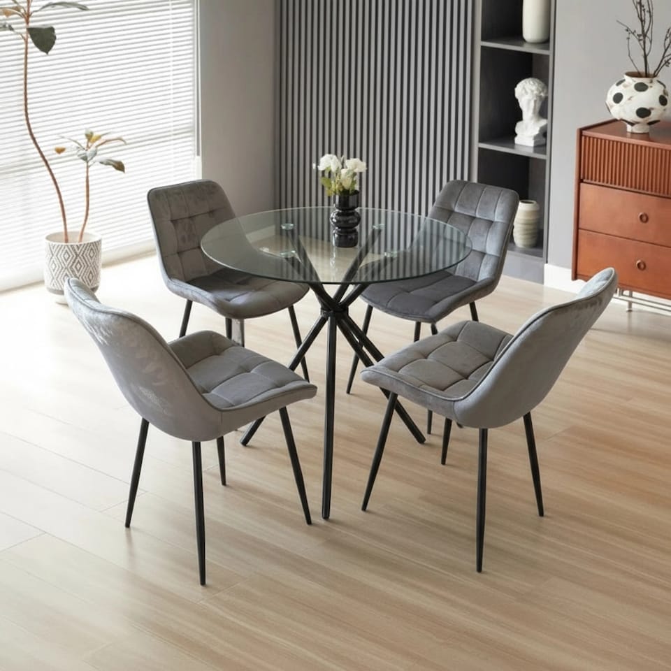 image 1 of New York Dining Table with 4 Erica Velvet Chairs - Grey | Grey