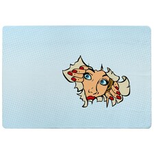 woman looking through torn paper background. Comic cartoon pop art retro (Rug) Blue | M