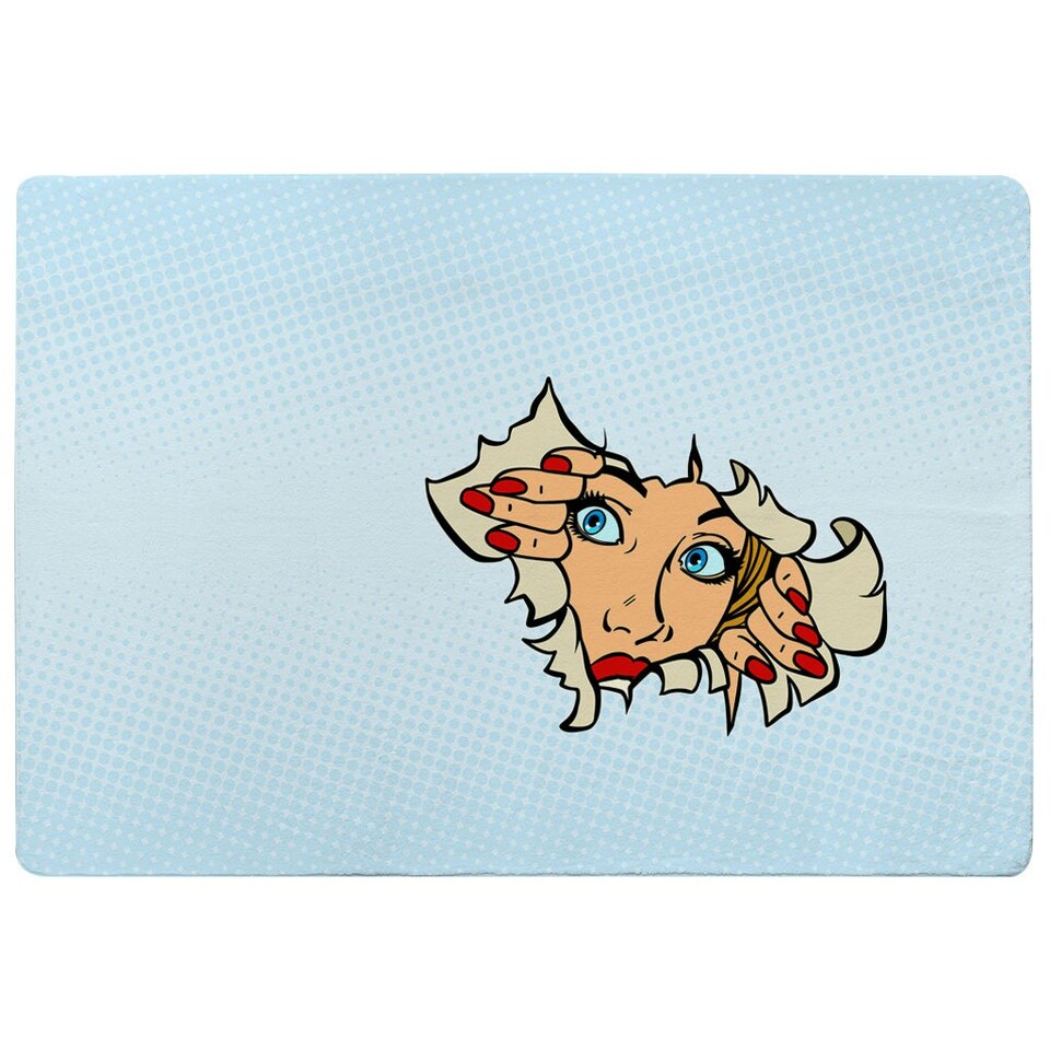 image 1 of woman looking through torn paper background. Comic cartoon pop art retro (Rug) Blue | M