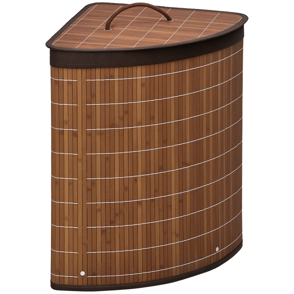 image 1 of HOMCOM Bamboo Laundry Basket with Lid, 55 Litres Laundry Hamper with Removable Washable Lining, Corner Washing Baskets, 38 x 38 x 57cm, Brown | Brown