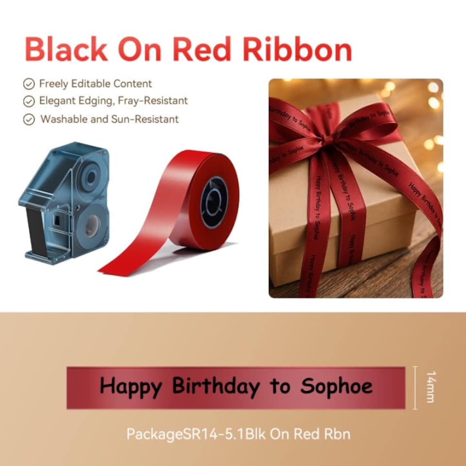 image 1 of NIIMBOT N1 Printable Satin Gift Ribbon 14mm x 5.1m Black on Red Ribbon