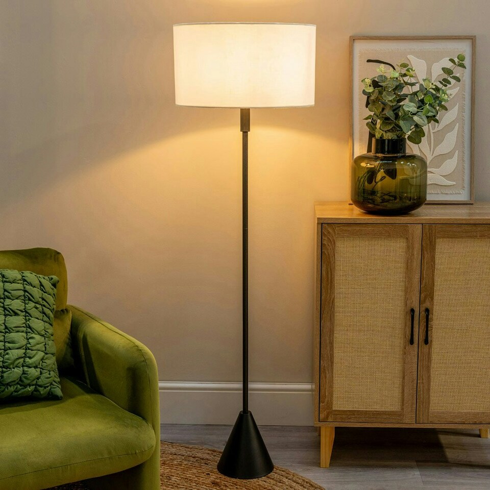 image 1 of ValueLights Mitch Natural Linen White Trim Lamp Shade Black Wood Triangle Floor Lamp & Bulb Black
