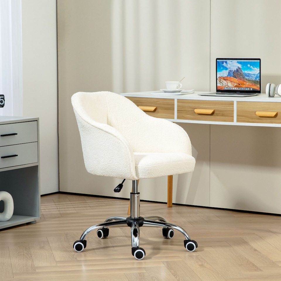 image 1 of HOMCOM Vanity Swivel Chair, Teddy Fleece Office Desk Chair with Adjustable Height for Home, Study, Bedroom, Makeup, Cream White