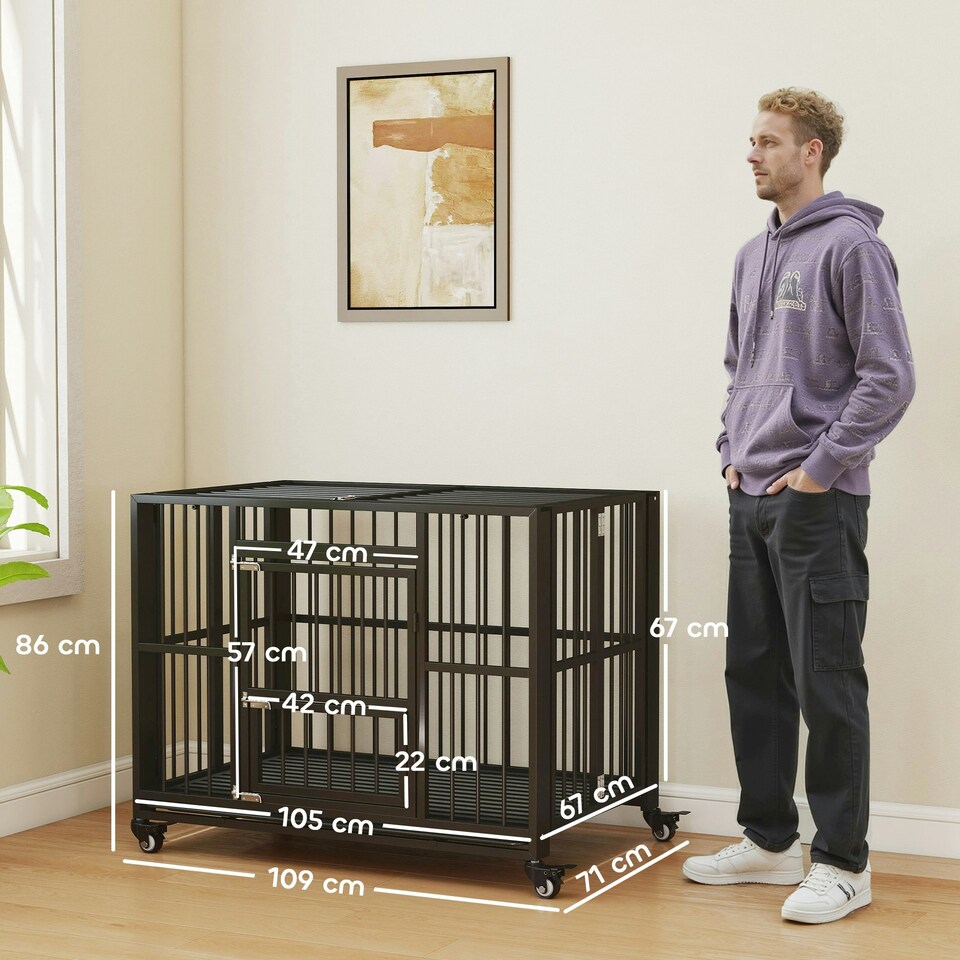 image 1 of PawHut 43" Foldable Heavy Duty Dog Crate w/ Locks, Removable Tray, Wheels