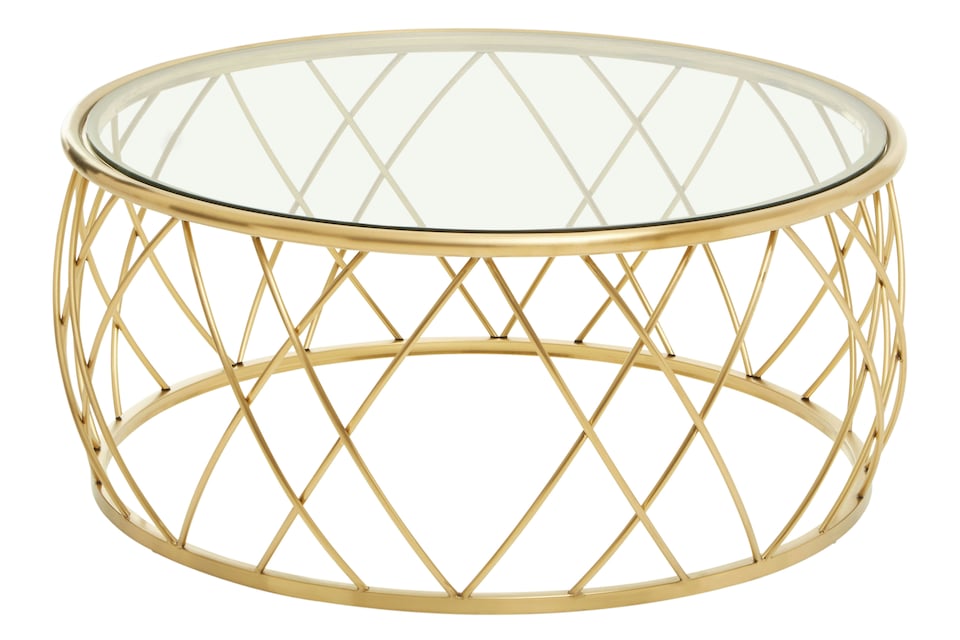 image 1 of Interiors by Premier Luxurious Gold Coffee Table, Gold Metal and Glass Coffee Table, Geometric Metal Base Modern Coffee Table | Gold