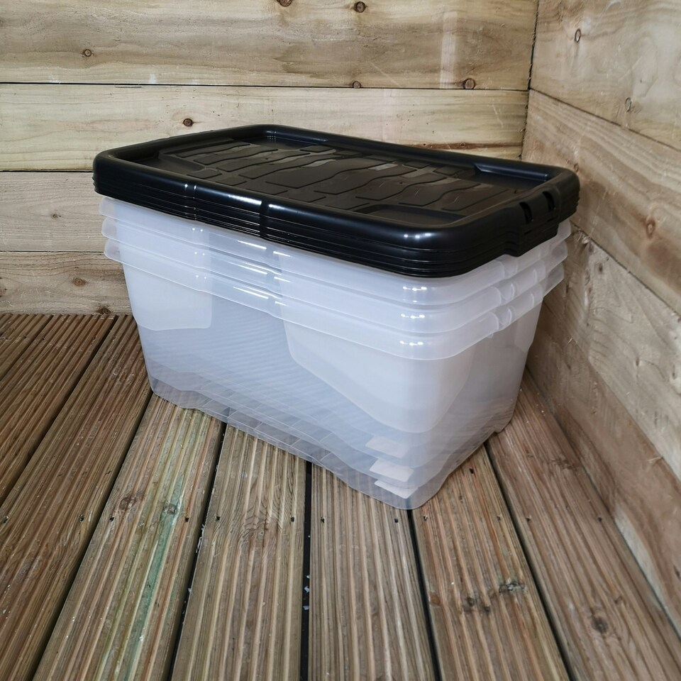 image 1 of 4 x 42L Clear Storage Box with Black Lid, Stackable and Nestable Design Storage Solution
