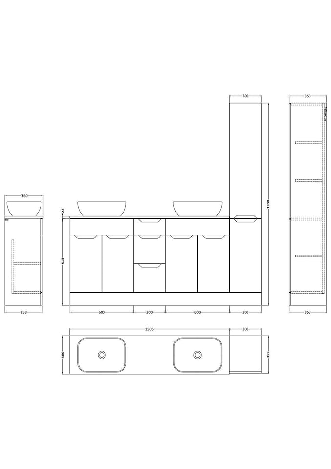 image 1 of Balterley Teddesley Floor Standing 4 Door 3 Drawer Vanity Combination Unit with Tall Unit, Laminate Worktop and Countertop Vessel, 1800mm, Matt White