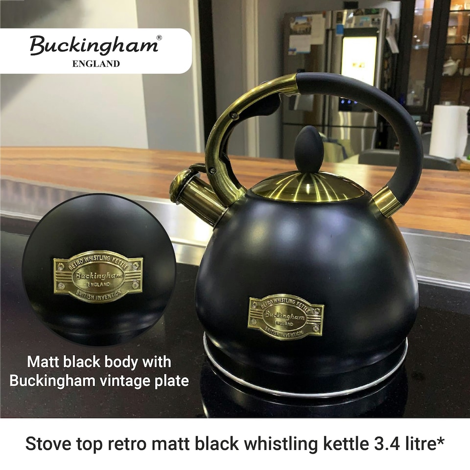 image 1 of Buckingham Stainless Steel Retro Whistling Kettle 3.4 Litre Black