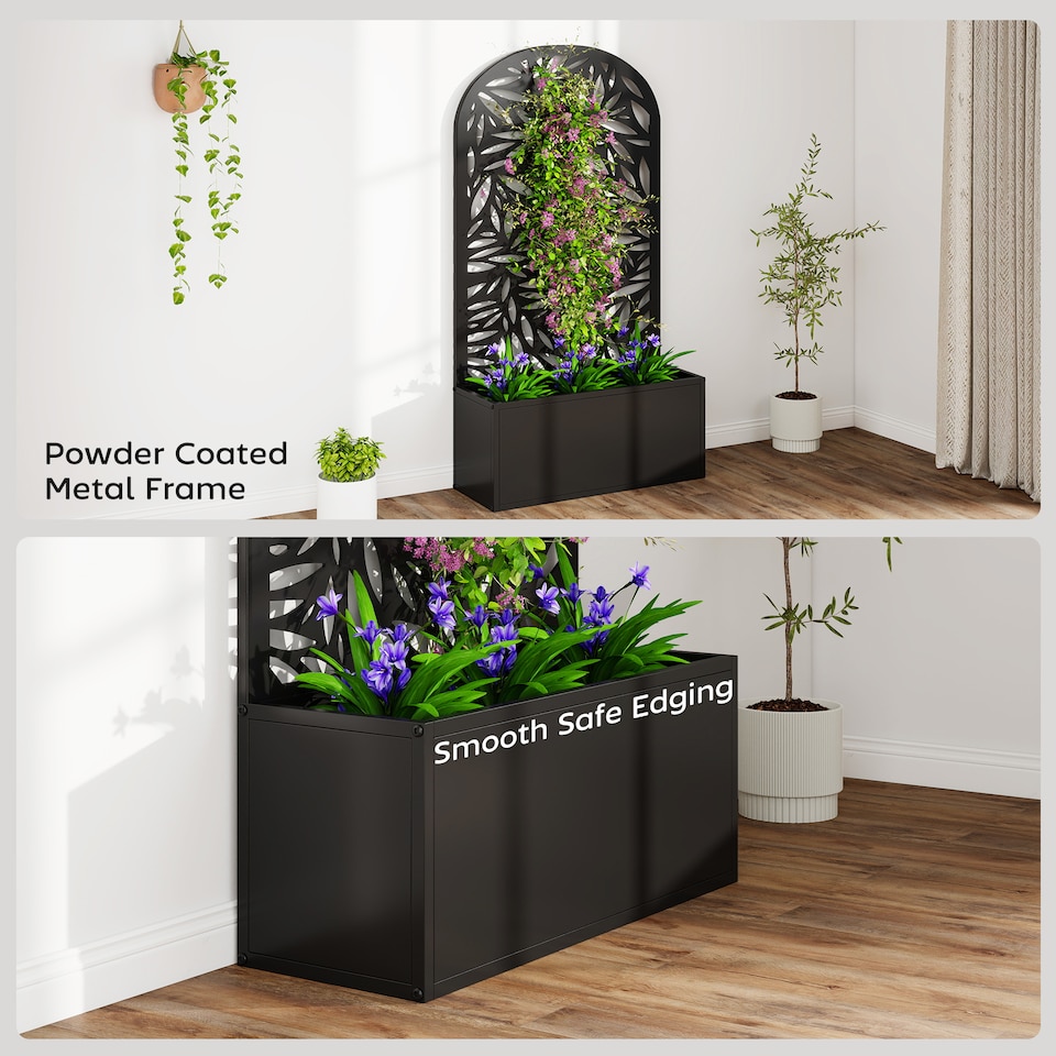 image 1 of Outsunny Metal Raised Bed for Garden with Trellis, Wall Mounted or Freestanding Raised Planter with Curved Privacy Screen, Leaves Cut-Out Trellis Planter for Climbing Plants, Flowers, Vegetables