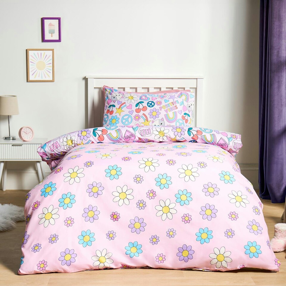 image 1 of OHS Positive Vibes Printed Duvet Cover Set - Multi Multi | Pink/Purple | Single