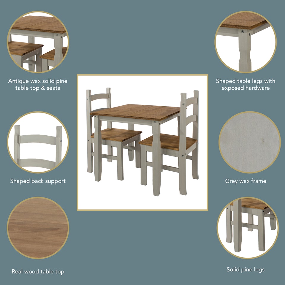 image 1 of Premium Corona Square Dining Set with Table and 2 Chairs in Grey or Brown Waxed Pine - Solid Wood | Grey | Grey | 1