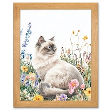 Ragdoll Cat Lover Pet Wildflower Floral Portrait Wood Framed Wall Art Print