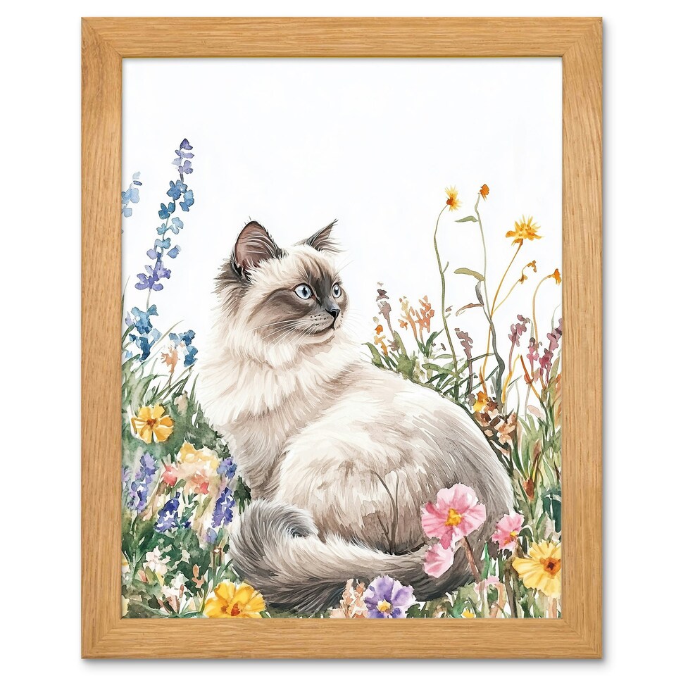 image 1 of Ragdoll Cat Lover Pet Wildflower Floral Portrait Wood Framed Wall Art Print
