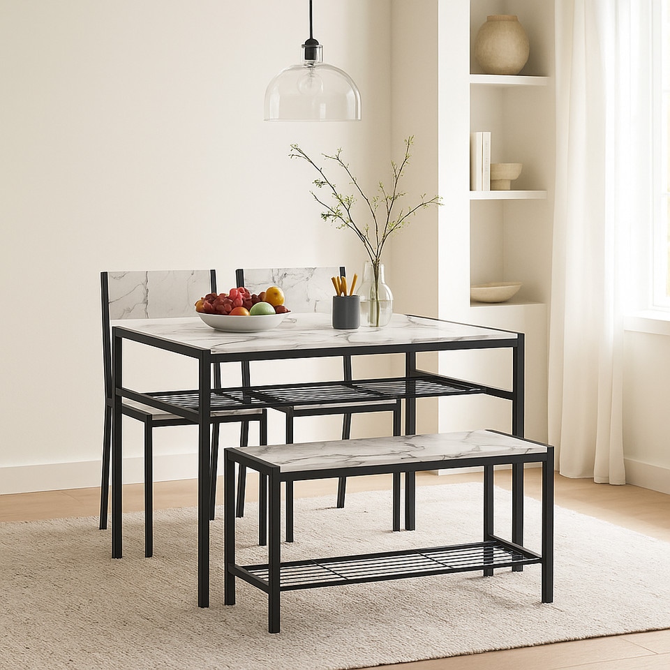 image 1 of 4 Pcs Set Dining Room Table Metal Frame with 2 Matching Chairs and Bench Kitchen | Multi | White Marble