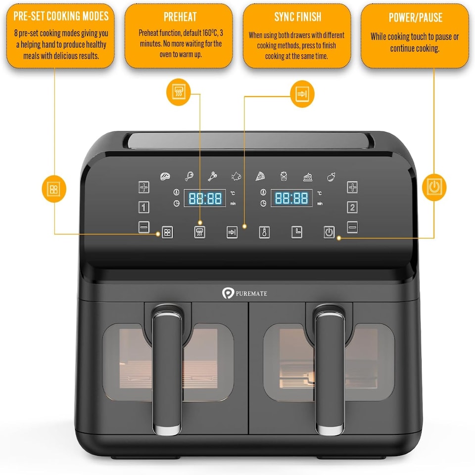 image 1 of PureMate 9 Litre Digital Dual Air Fryer - Black